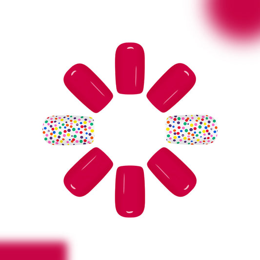 Playful Party Inspired Short Square Bold Pink Nails with Fun Multicolored Dot Accent