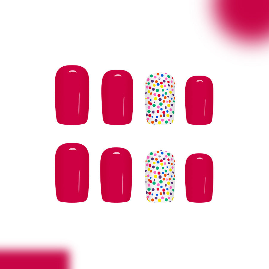Whimsical Candy Pressed Nail Set Short Square Bold Red with Colorful Polka Dot Accent