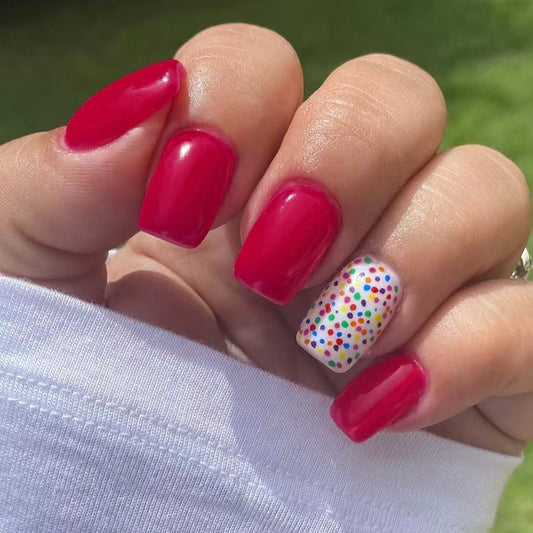 Vibrant Party Theme Short Square Glossy Bright Red Nail Set with Colorful Confetti Accent