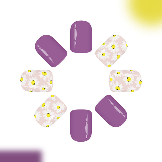 Blooming Elegance Short Square Purple and Floral Press-On Nail Set with Glossy Finish