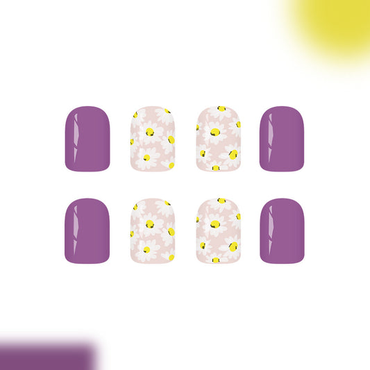 Whimsical Garden Floral Press On Nail Set Short Square Purple and Pastel Daisy Design