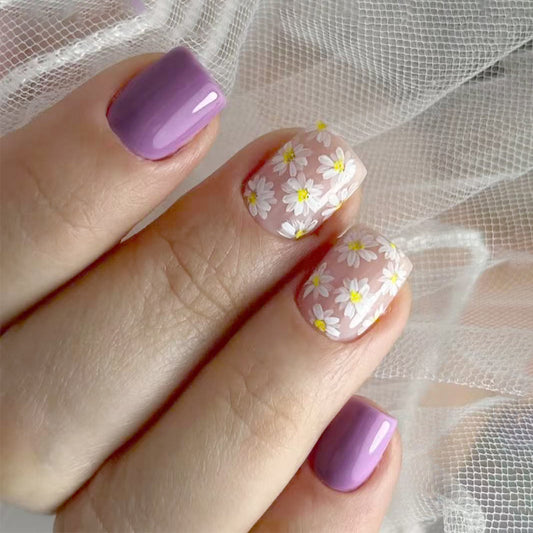 Floral Garden Short Square Purple and Clear Daisy Press On Nail Set with a Charming Spring Vibe