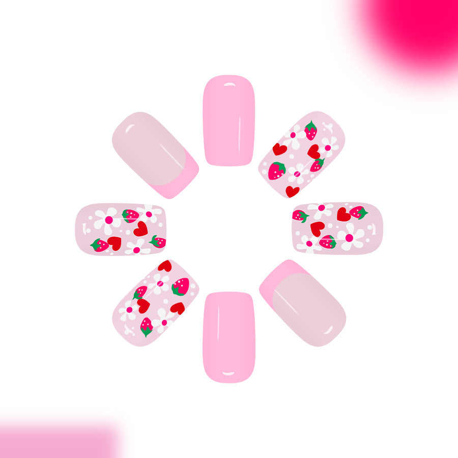 Sweet Strawberry Dream Short Square Pink Floral Print Press on Nail Set