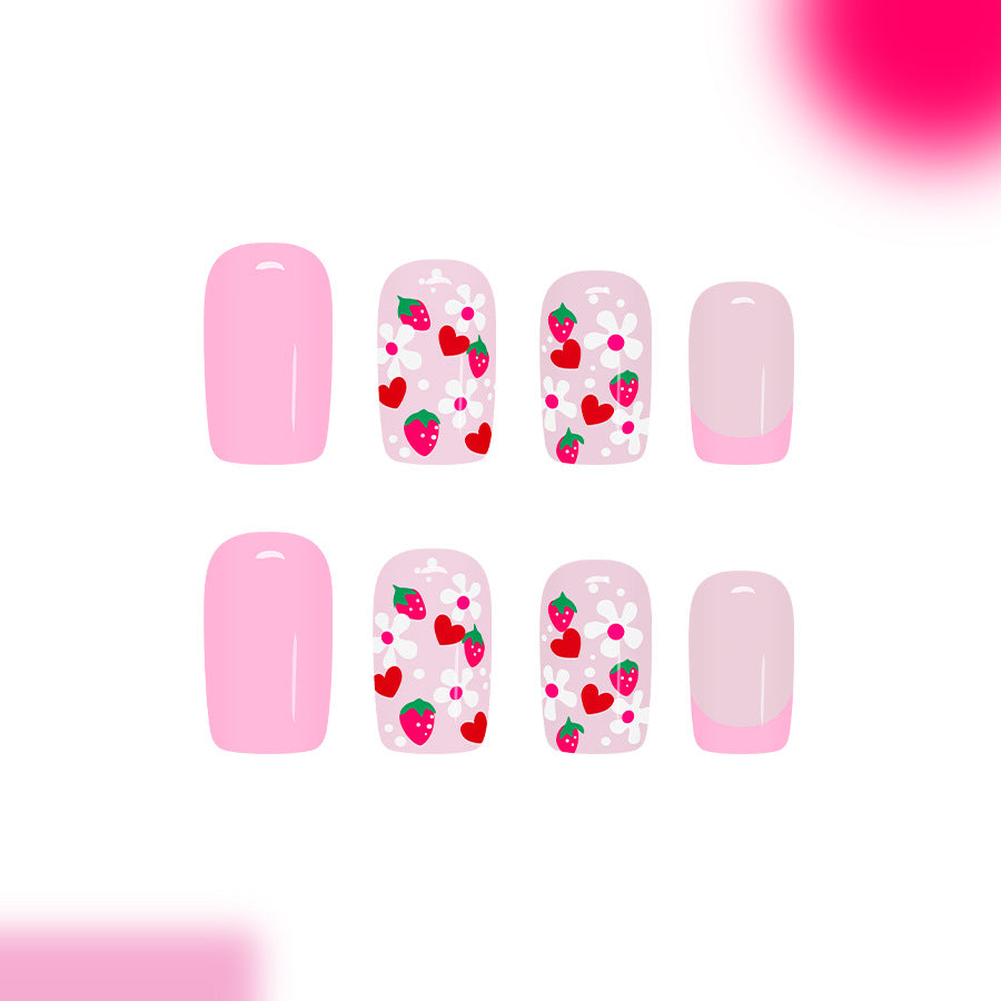 Delightful Strawberry Dream Pink Short Square Press On Nail Set with Floral and Heart Designs