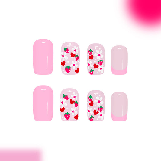 Delightful Strawberry Dream Pink Short Square Press On Nail Set with Floral and Heart Designs