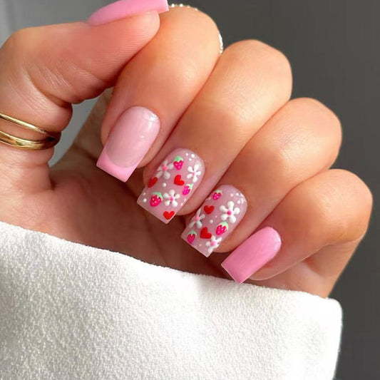 Charming Floral Fantasy Medium Square Pink Nails with Intricate Heart and Flower Designs