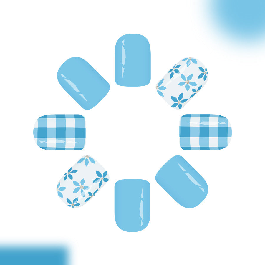Dreamy Ocean Vibes Short Square Blue Floral and Checkered Press On Nail Set