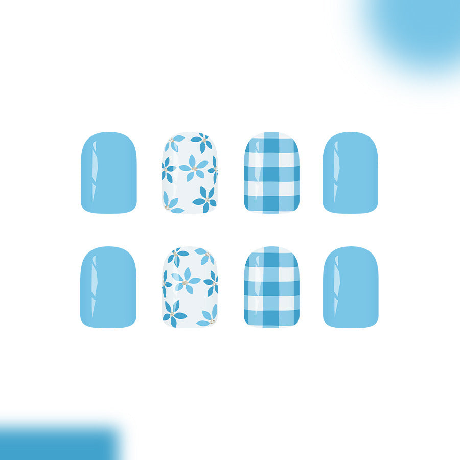 Aqua Dreams Press On Nail Set Short Square Sky Blue Floral and Gingham Designs
