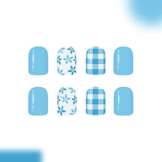 Aqua Dreams Press On Nail Set Short Square Sky Blue Floral and Gingham Designs