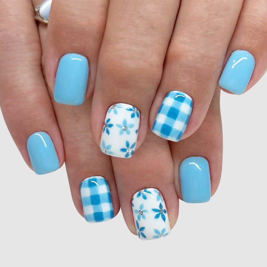 Spring Floral Delight Chic Short Square Blue Press On Nails with Gingham and Flower Accents