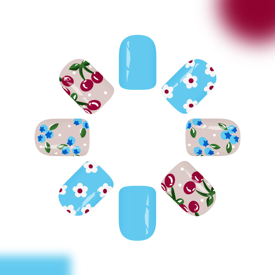 Blossom Breeze Short Square Blue and Floral Design Press On Nail Set