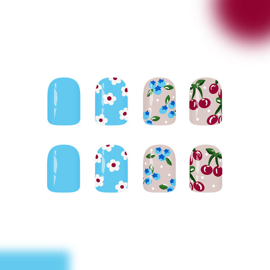 Floral Fantasy Short Square Light Blue and Beige Press-On Nail Set Featuring Charming Cherry and Blossom Designs