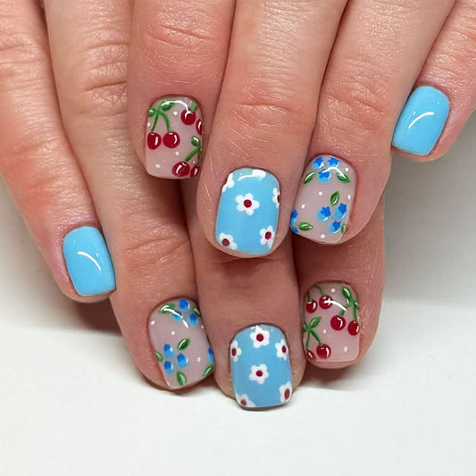 Charming Springtime Square Short Blue Floral Press On Nail Set with Vibrant Cherry Accents