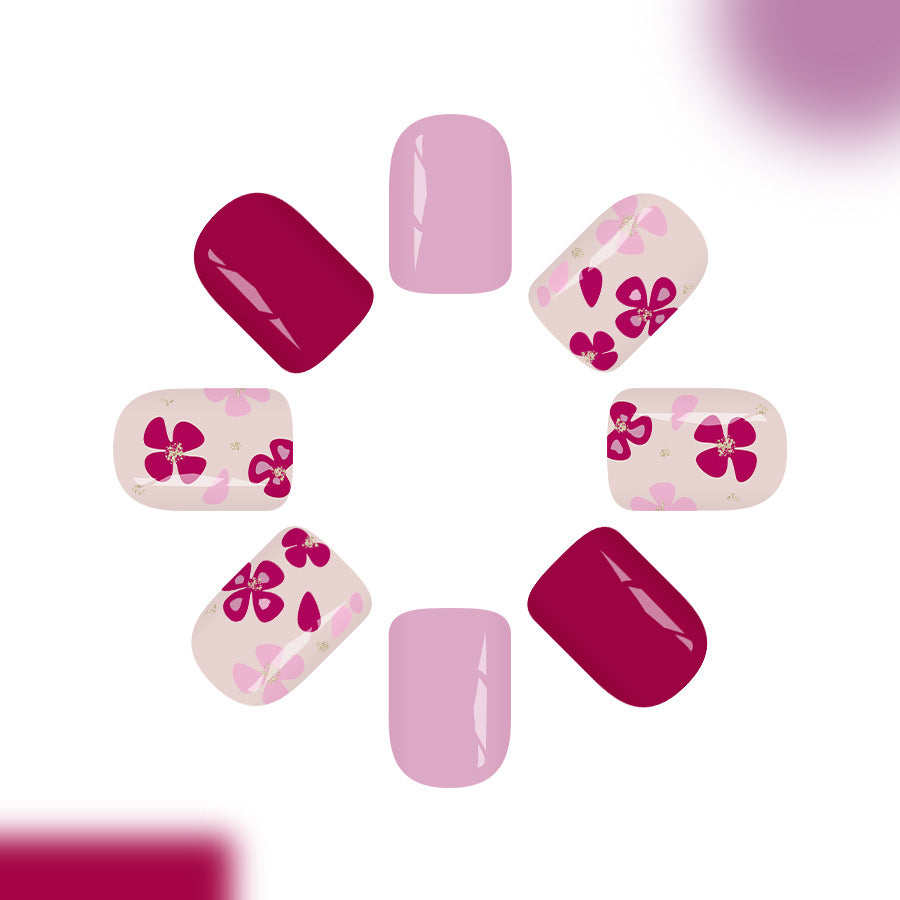 Floral Fantasy Short Square Soft Pink and Deep Red with Delicate Flower Accents Press On Nail Set
