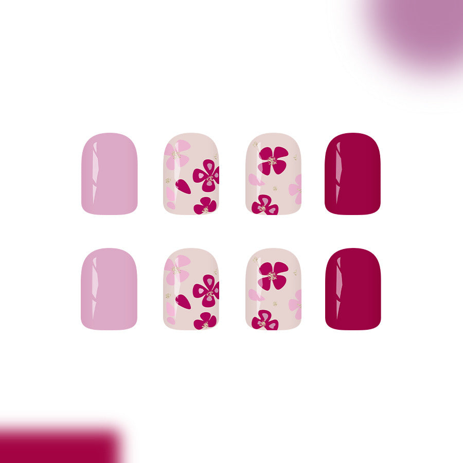 Floral Fantasy Short Square Pink and Burgundy Press On Nail Set with Elegant Blossom Design