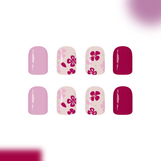 Floral Fantasy Short Square Pink and Burgundy Press On Nail Set with Elegant Blossom Design