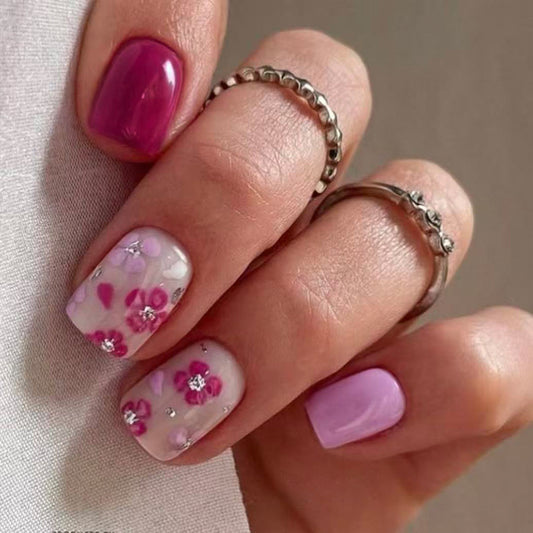 Floral Dream Short Square Pink and Clear Press On Nail Set with Gemstone Accents