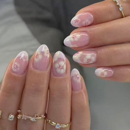 Blossoming Elegance Medium Almond Pink Floral Press On Nail Set with Glossy Finish