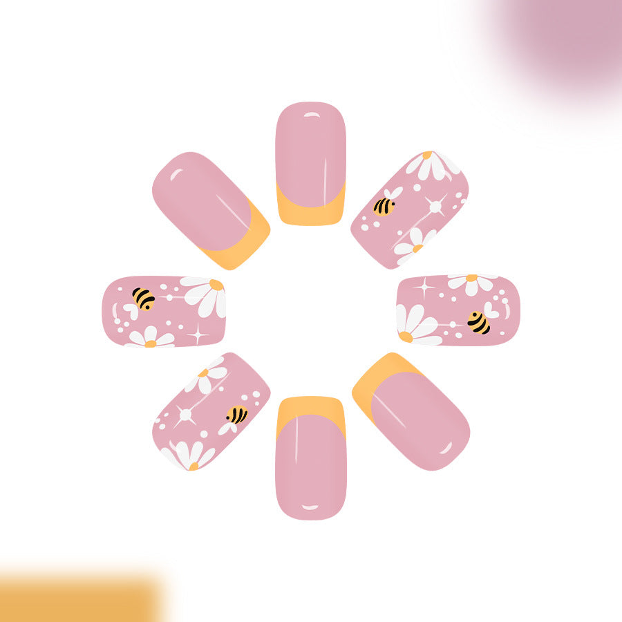 Whimsical Garden Blush Medium Square Long Press On Nail Set with Floral and Bee Design