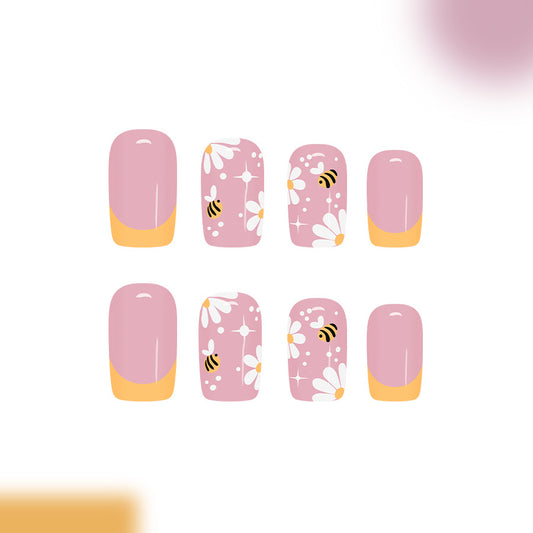 Bee Inspired Medium Square Pink and Yellow Floral Press On Nail Set