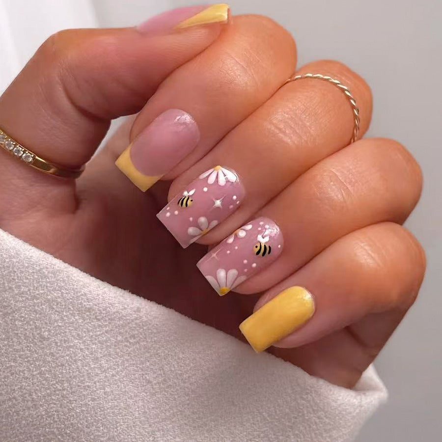 Bee Inspired Medium Square Pastel Pink and Yellow Floral Press On Nail Set
