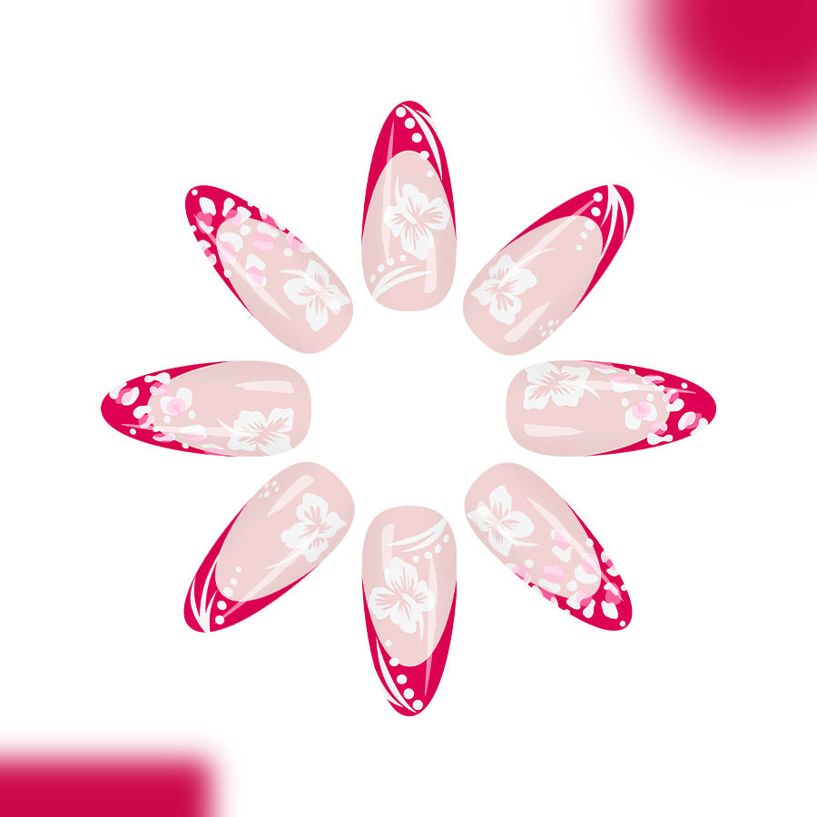 Tropical Bliss Long Almond Pink Floral Press On Nail Set with Stunning Gradient Design