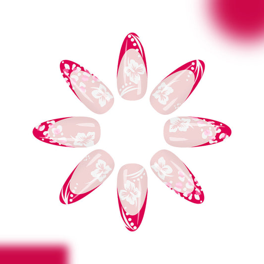 Tropical Bliss Long Almond Pink Floral Press On Nail Set with Stunning Gradient Design