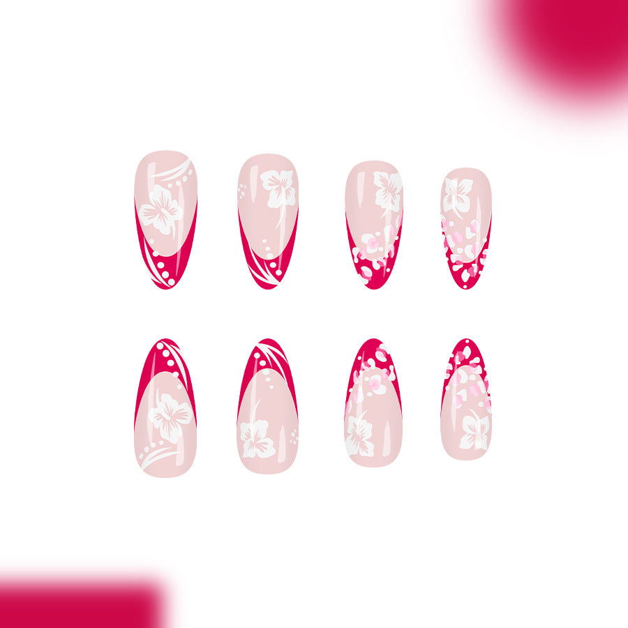 Tropical Blossom Elegant Long Almond Shaped Soft Pink and Vibrant Red Floral Press on Nail Set