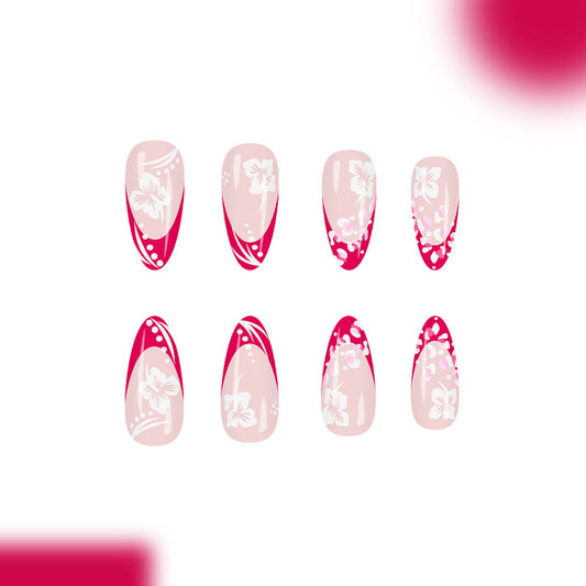 Tropical Blossom Elegant Long Almond Shaped Soft Pink and Vibrant Red Floral Press on Nail Set