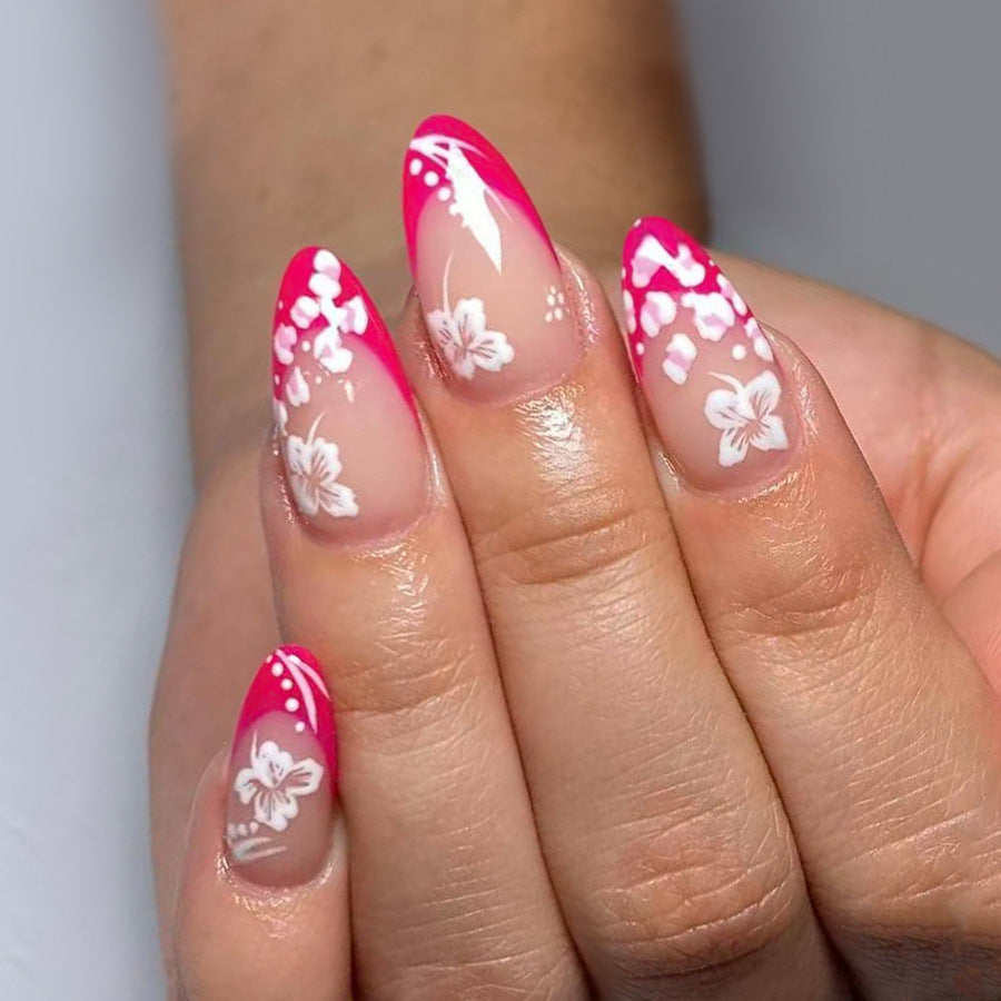 Blossom Dream Long Almond Pink Ombre Press-On Nail Set with Elegant Floral Design