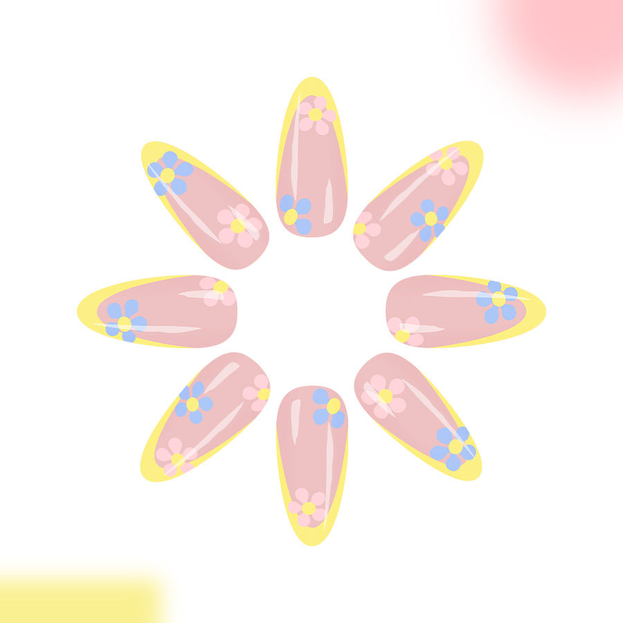 Floral Sunshine Elegant Long Almond Shaped Pink and Yellow Press On Nail Set with Charming Flower Accents