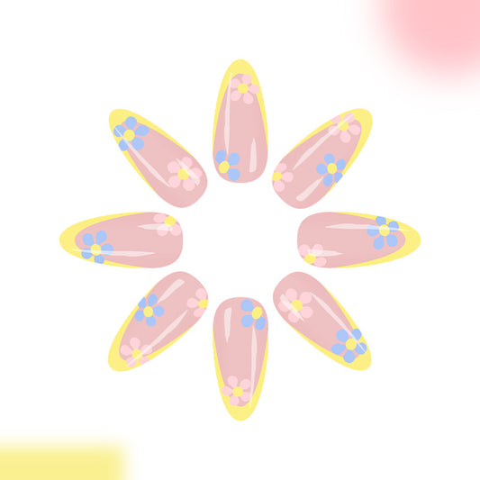 Floral Sunshine Elegant Long Almond Shaped Pink and Yellow Press On Nail Set with Charming Flower Accents