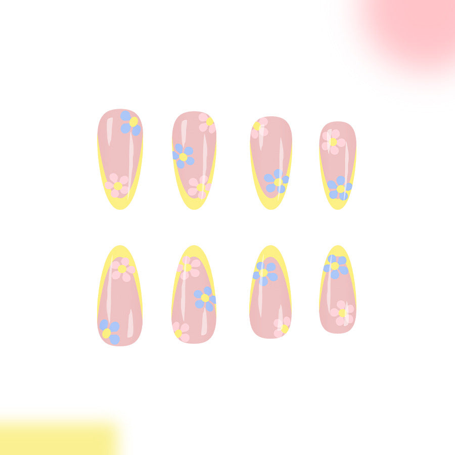 Whimsical Garden Blossom Long Almond Pink with Yellow Tips and Floral Accents Press-On Nail Set
