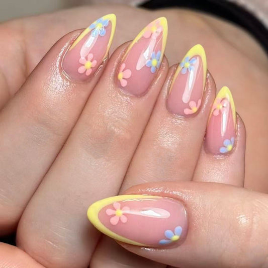 Floral Dreams Long Almond Pink and Yellow with Charming Flower Accents Press on Nail Set
