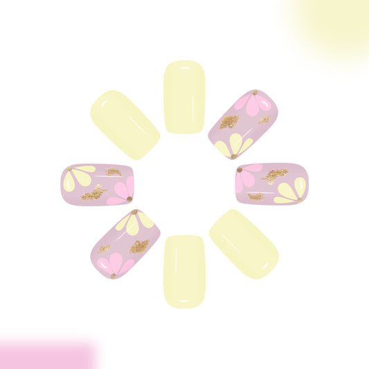 Enchanted Meadow Long Square Yellow and Lavender Floral Press On Nail Set with Gold Accents