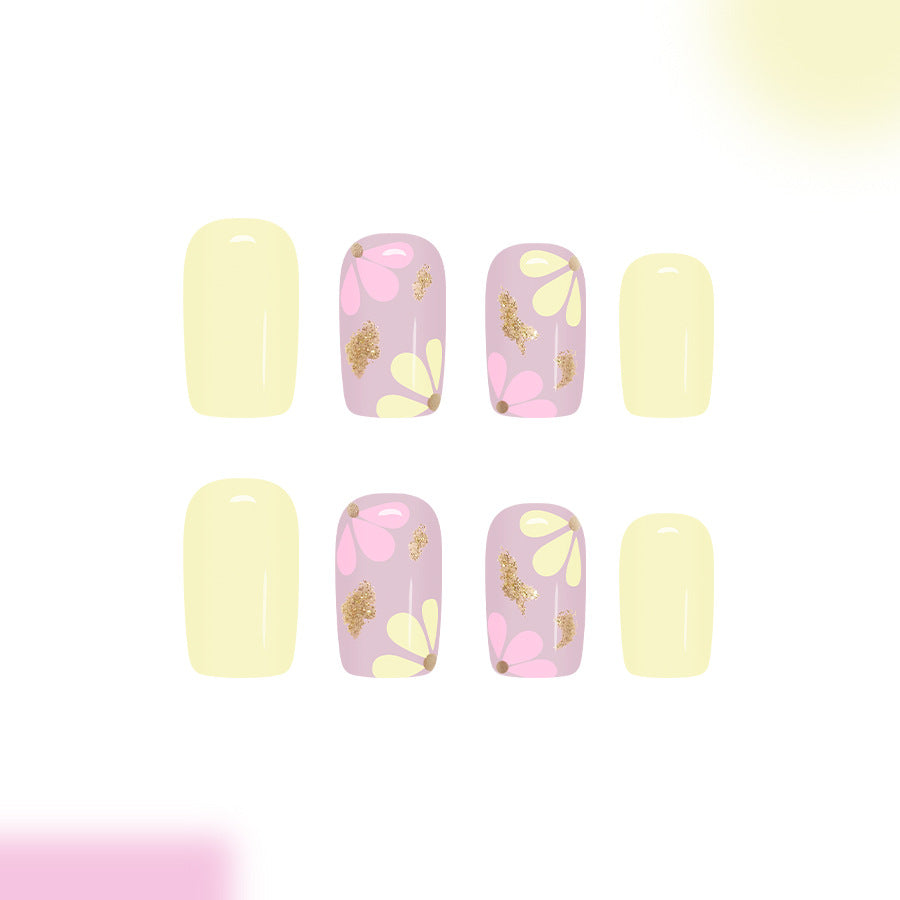 Whimsical Floral Design Long Square Vibrant Yellow with Light Pink and Gold Glitter Accents Press On Nail Set