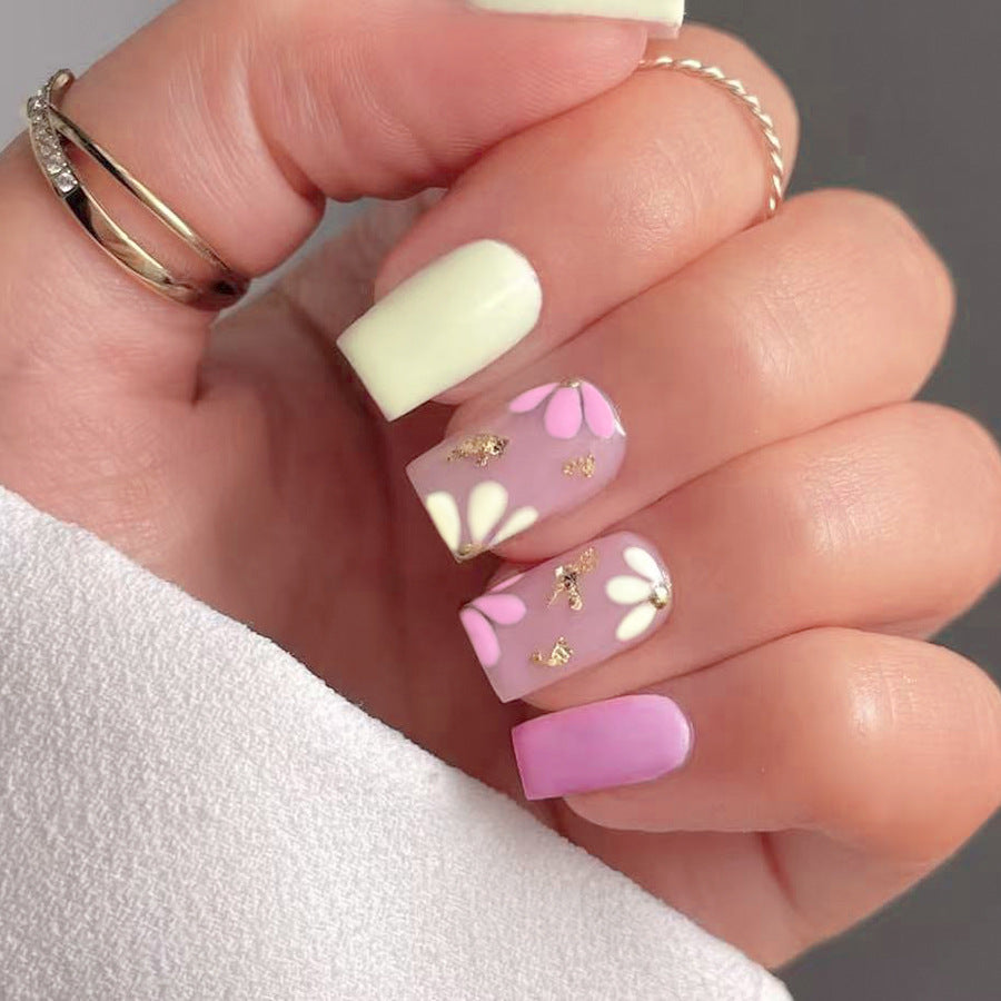 Spring Blossom Magic Long Square Pastel Lavender with Floral Accents and Gold Highlights Press On Nail Set