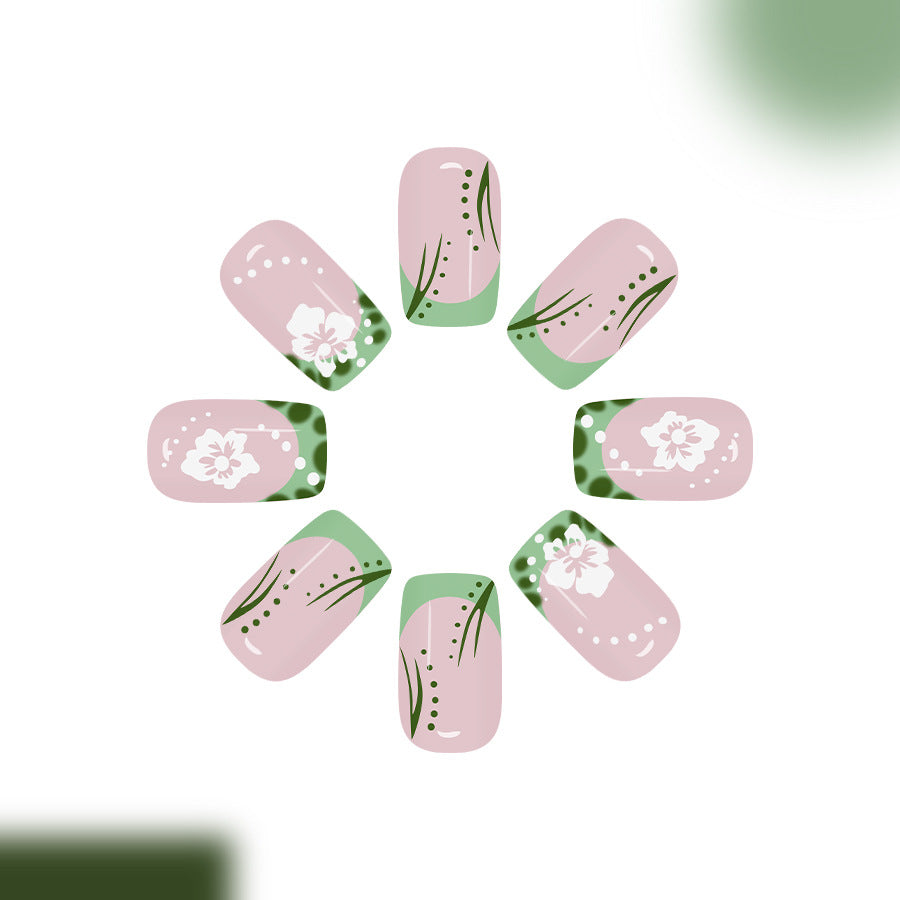 Serene Blossom Long Square Pink and Green Floral Press On Nail Set