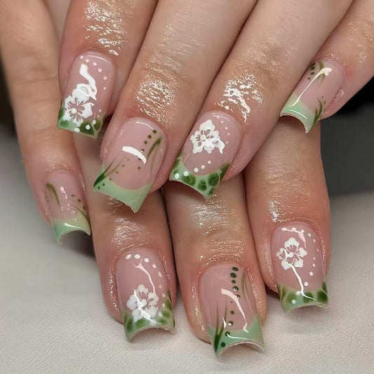 Blossoming Vibes Long Square Transparent Green Floral Press On Nail Set