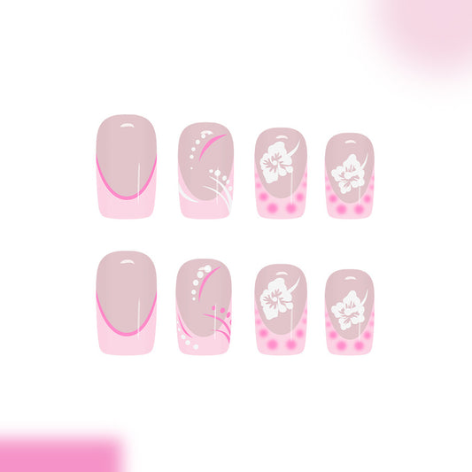 Blossoming Elegance Long Square Pink Press On Nail Set with Floral Art Design
