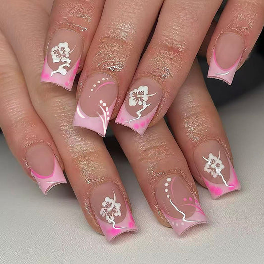 Floral Dreams Long Square Pink Ombre Press On Nail Set with Elegant White Floral Accents