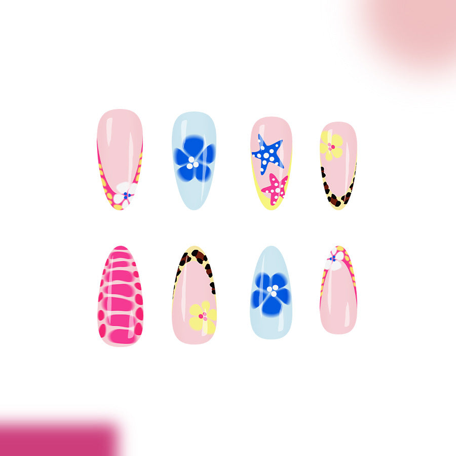 Tropical Paradise Long Almond Shape Multicolor Floral Press On Nail Set with Unique Patterned Accents