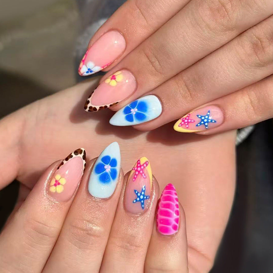 Tropical Paradise Long Almond Multicolored Press On Nail Set with Unique Floral and Starfish Designs