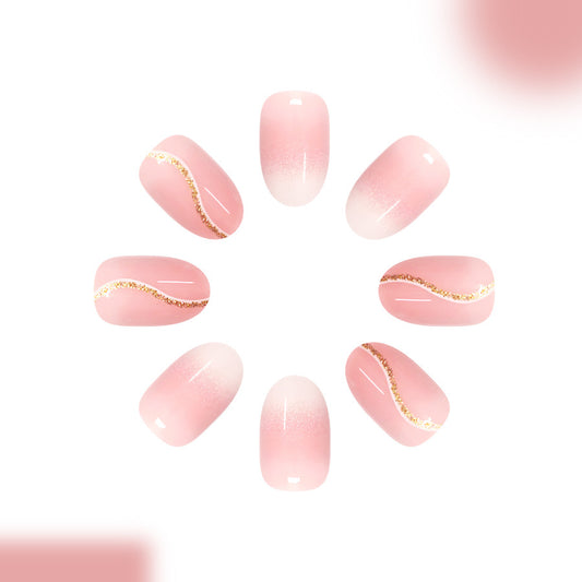 Blush Blossom Elegant Medium Oval Pink Nail Set with Shimmering Gold Accent