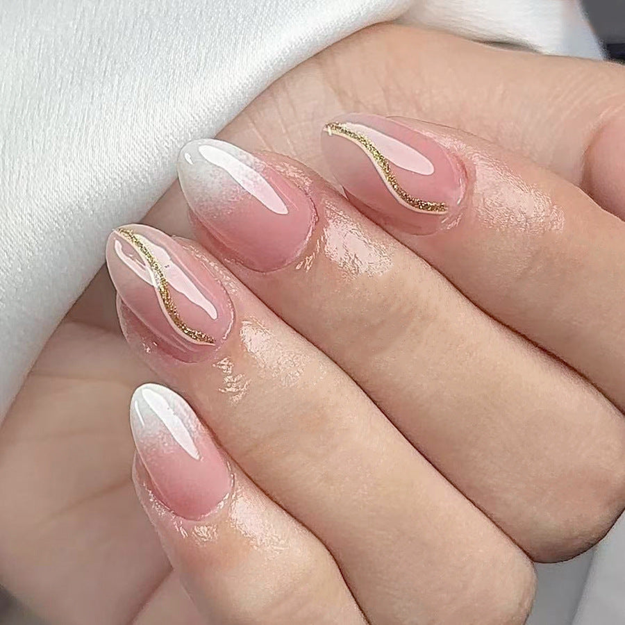 Elegant Serenity Medium Almond Pink Ombre with Gold Wave Design Press On Nail Set