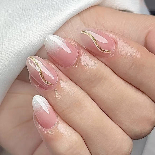 Elegant Serenity Medium Almond Pink Ombre with Gold Wave Design Press On Nail Set