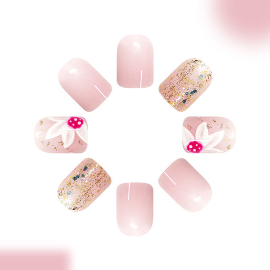 Charming Blossom Pink Short Square Press-On Nail Set with Glitter and Floral Design
