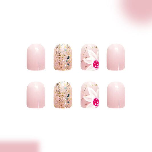 Dreamy Blossom Elegance Short Square Pink with Floral Accents and Glitter Shine Press-On Nail Set