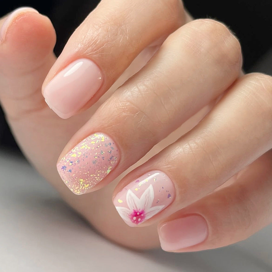 Blossom Dreams Short Square Pink Press-On Nail Set with Glitter and Floral Design