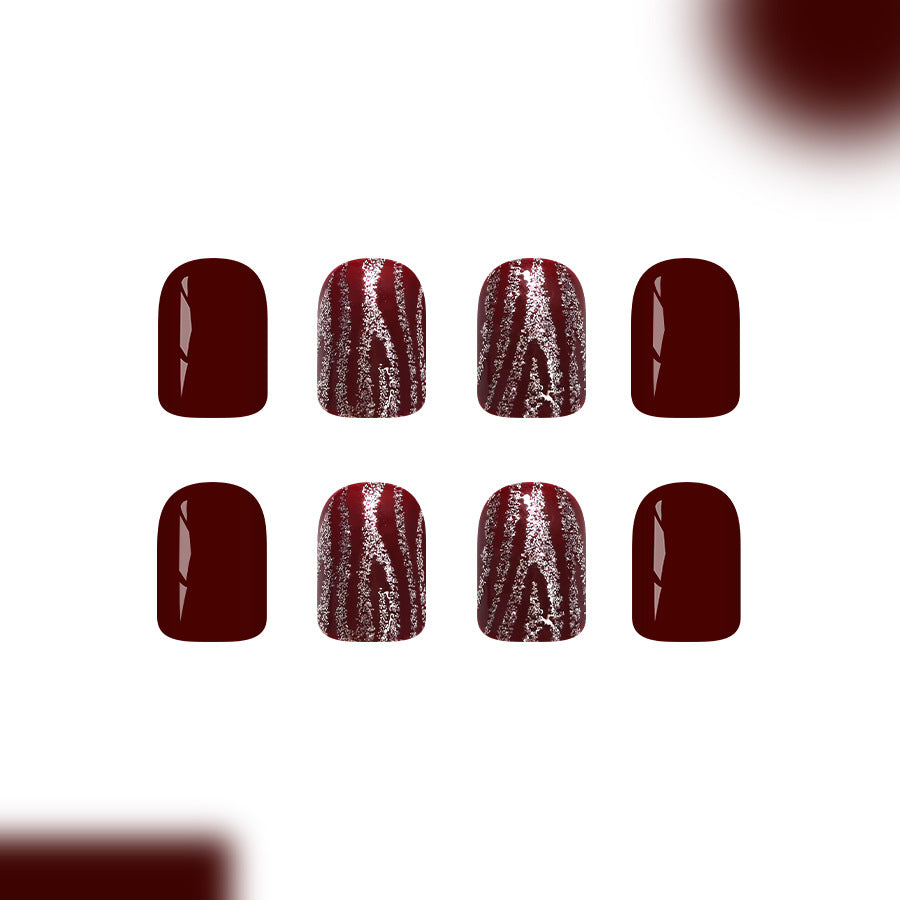 Elegant Evening Burgundy Glossy Short Square Nails with Eye-Catching Metallic Stripes